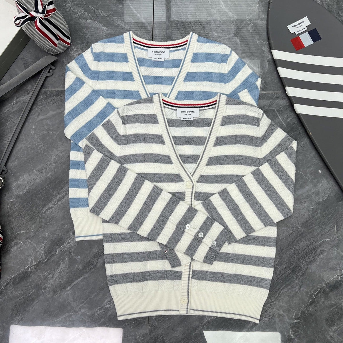 Thom Browne Style Striped V-Neck Button Cardigan