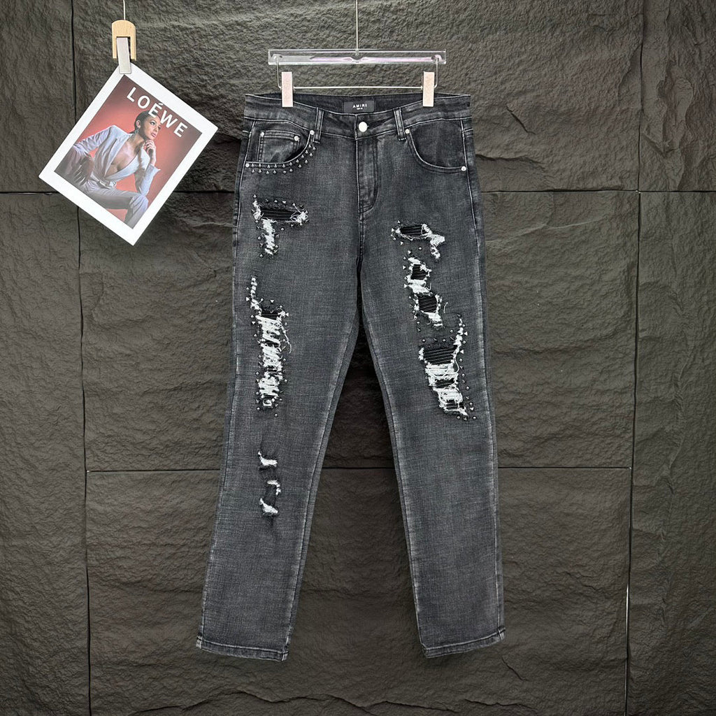 AMIRI Studded Multi‑Rip Distressed Slim‑Fit Denim Jeans