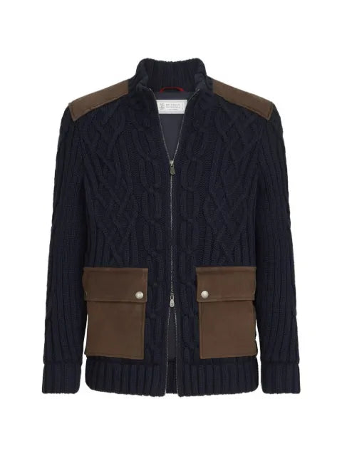 Brunello Cucinelli cable-knit cardigan in cashmere feather yarn with suede inserts