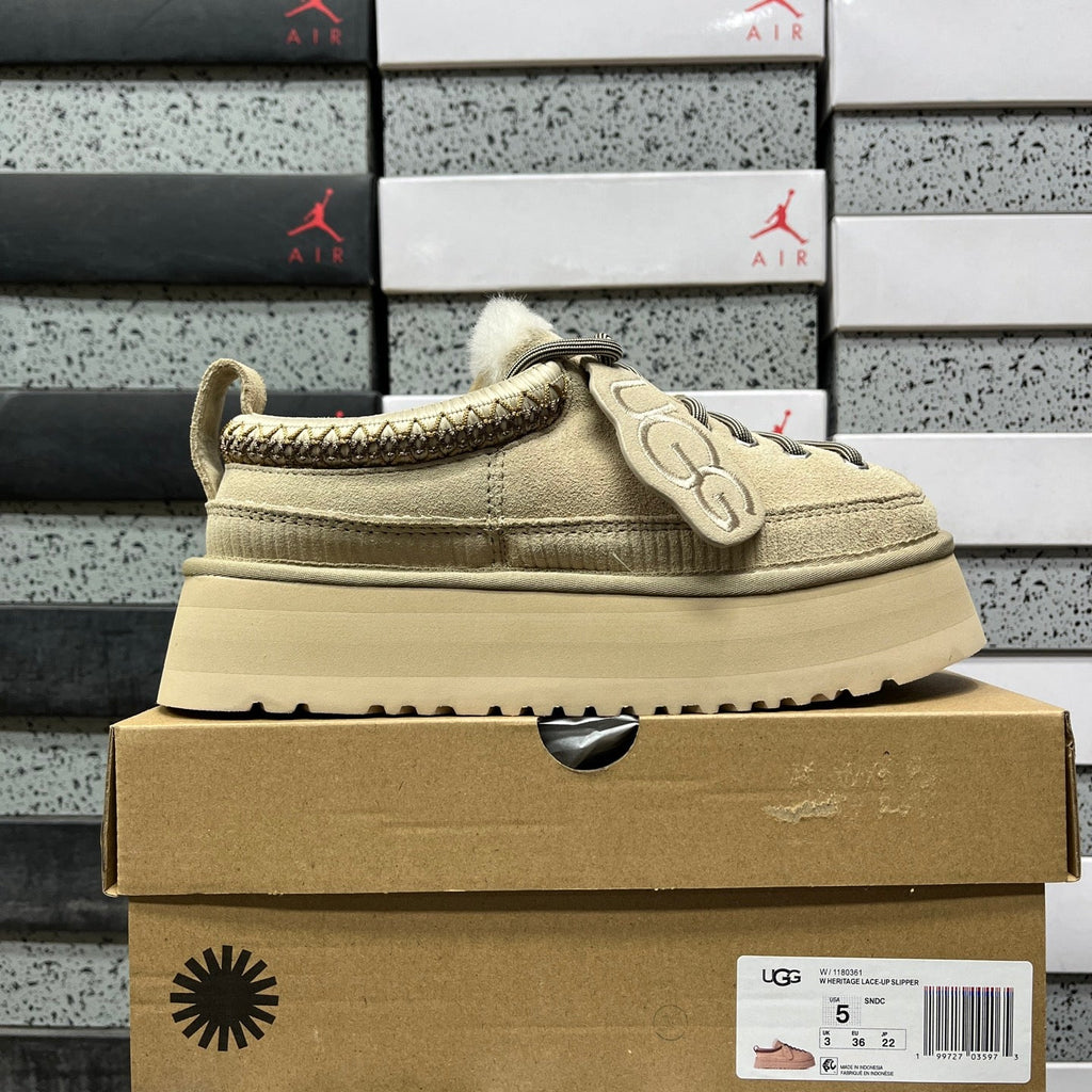 UGG Lowmel Platform Sneaker – Suede Low-Top with Shearling Collar, Braided Trim, Bungee Lace & Chunky Platform Sole in Sand