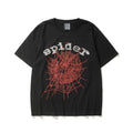 Sp5der Red Web & Rhinestone Letter Graphic Black Short Sleeve T-Shirt