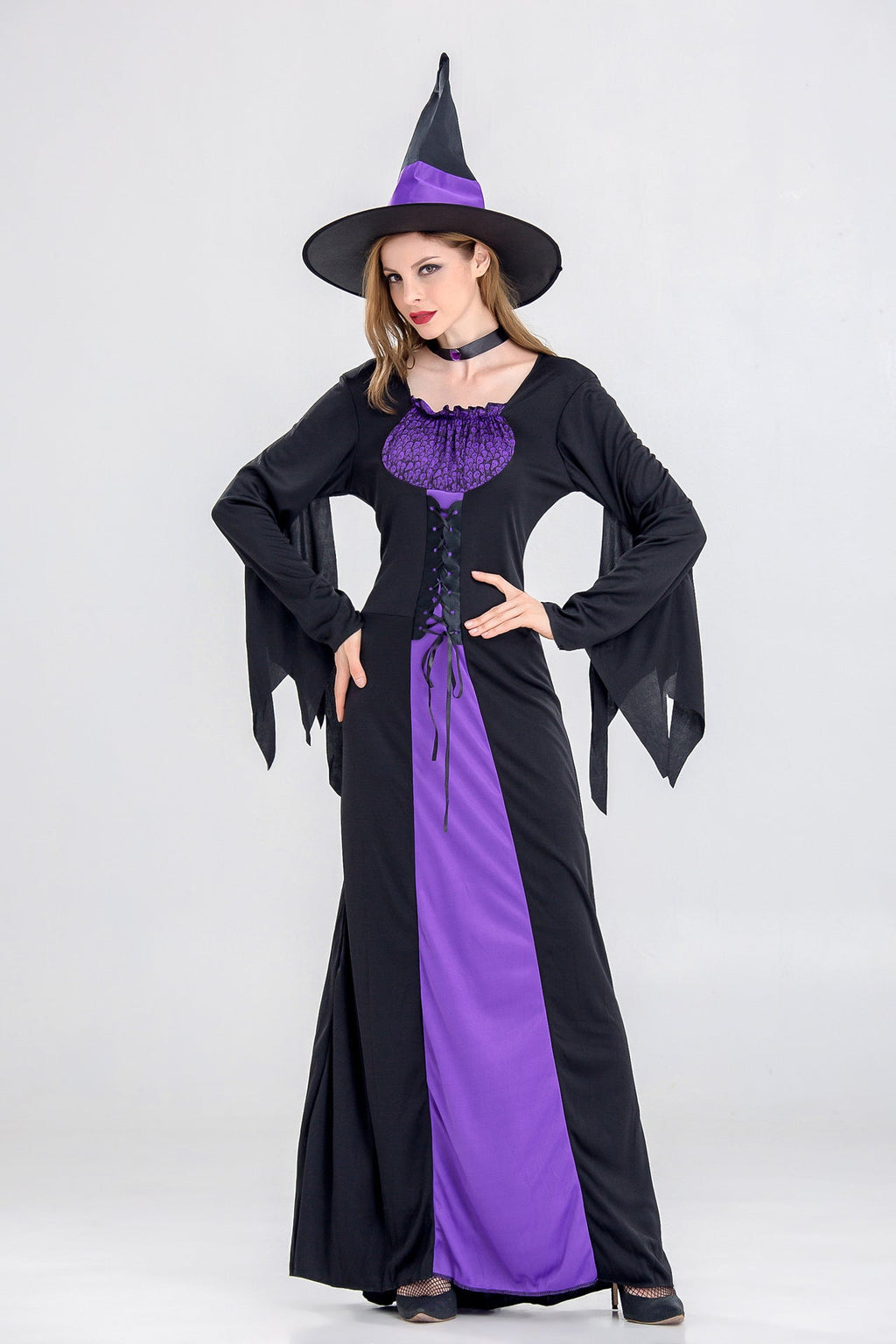 Halloween Women Purple Black Witch Cosplay Long Dress With Hat/Choker