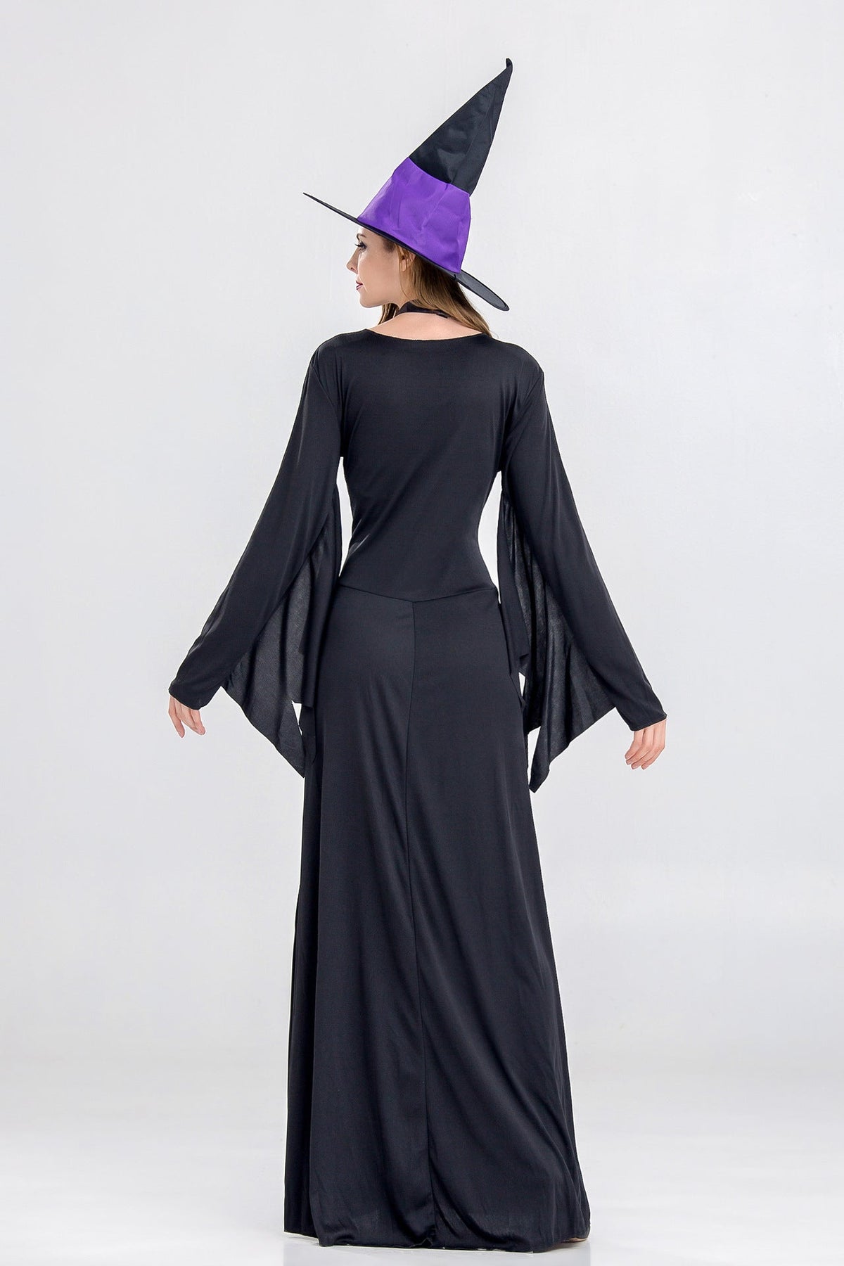Halloween Women Purple Black Witch Cosplay Long Dress With Hat/Choker