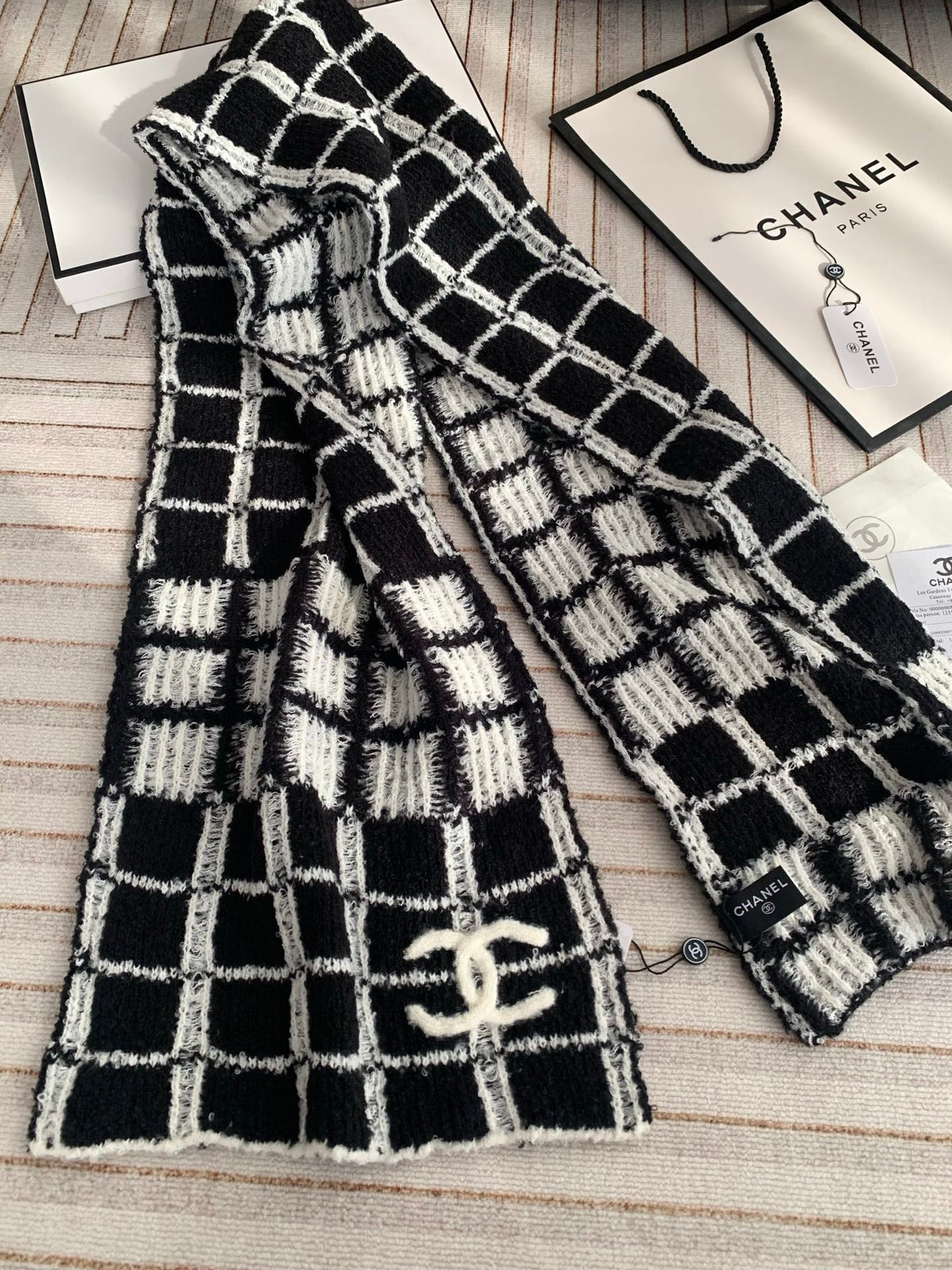 Chanel Style Fuzzy Windowpane Plaid Scarf