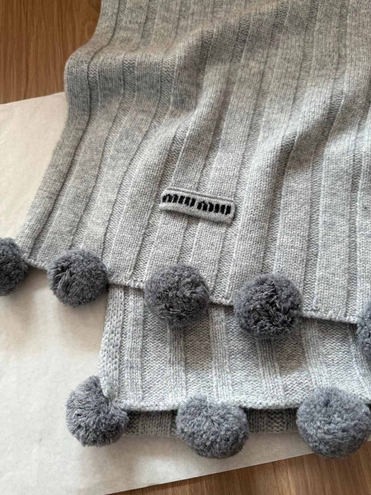 Miu Miu Style Pom-Pom Rib-Knit Scarf