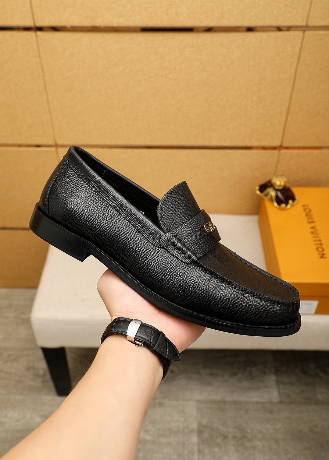 Louis Vuitton Black Textured Hardware Loafers