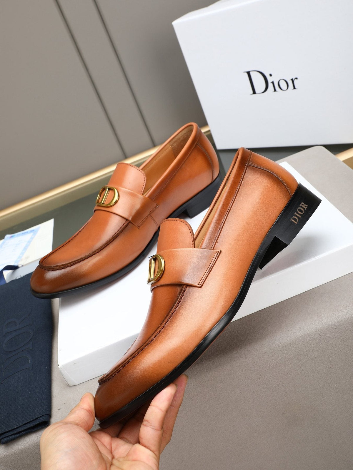 Dior Cognac Brown Gold-Hardware Loafers