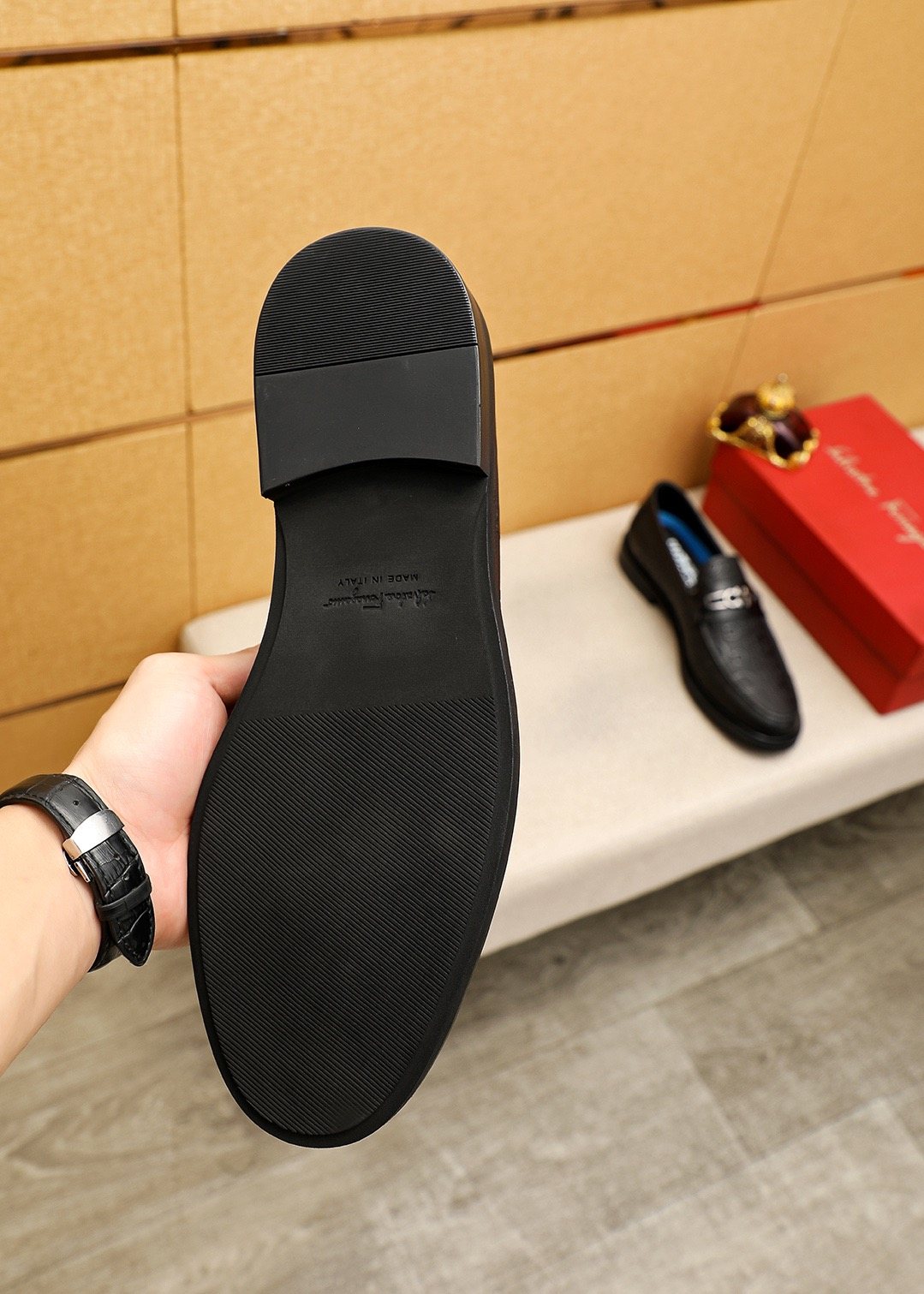 Ferragamo Black Embossed Buckle Loafers - Blue Leather Lining