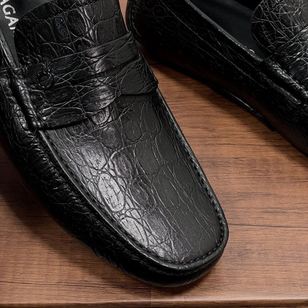 Ferragamo Black Crocodile-Embossed Driving Loafers