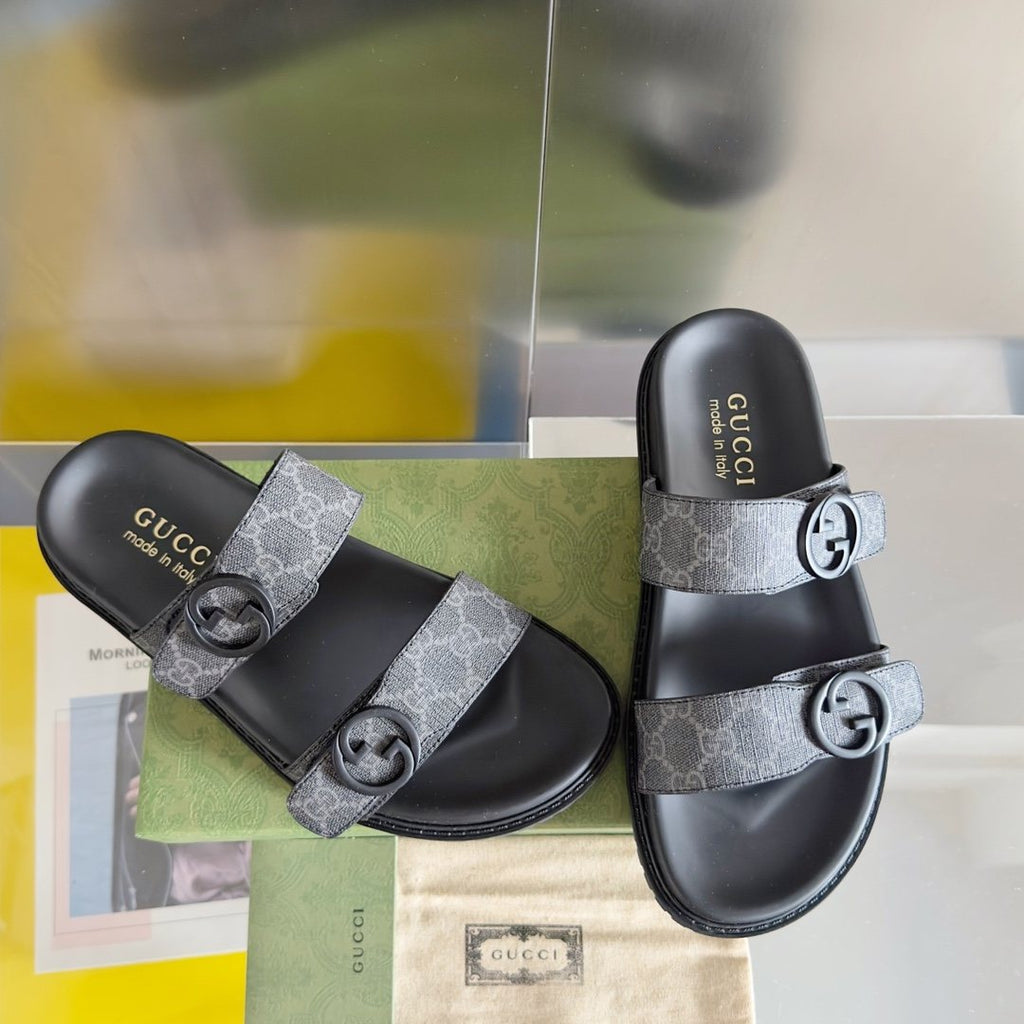 Gucci Gray Monogram Slide Sandals