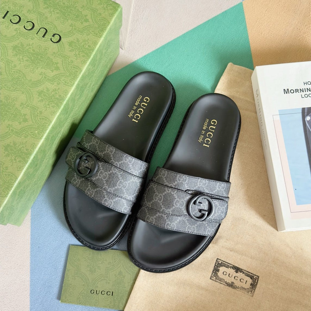 Gucci Gray Monogram Slide Sandals