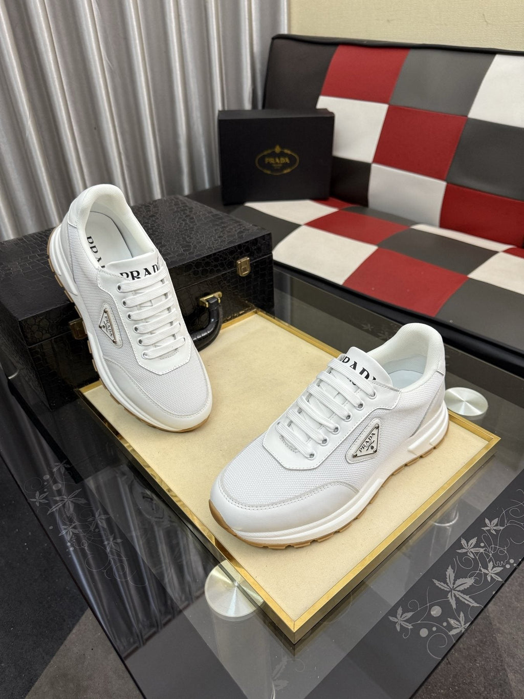 Prada Men's Triangle Plaque Low-Top Sneakers - Rubber Outsole