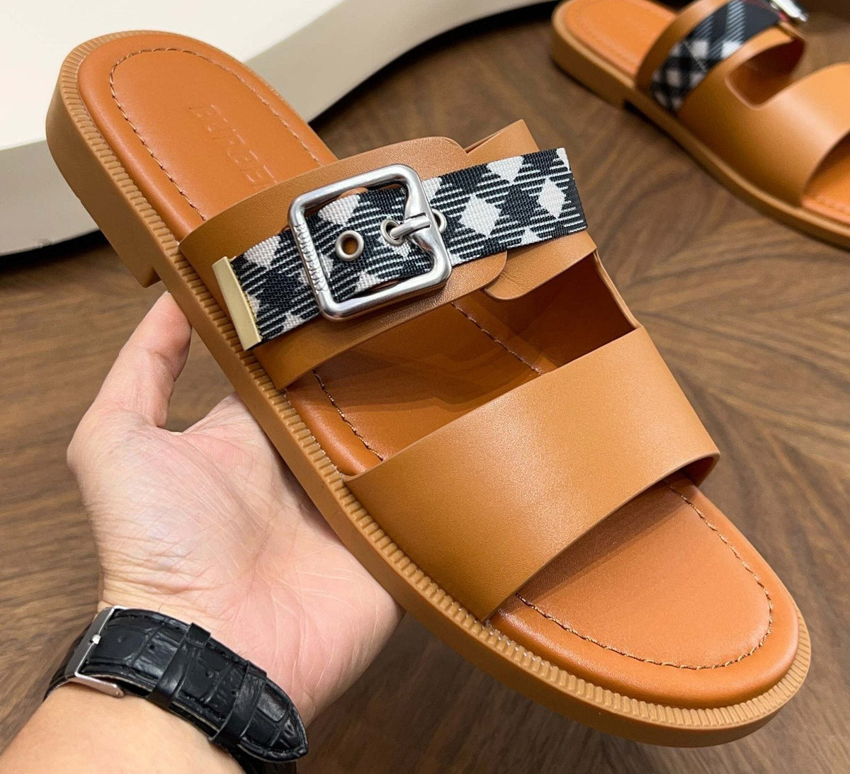 Burberry Plaid Buckle Slide Sandals
