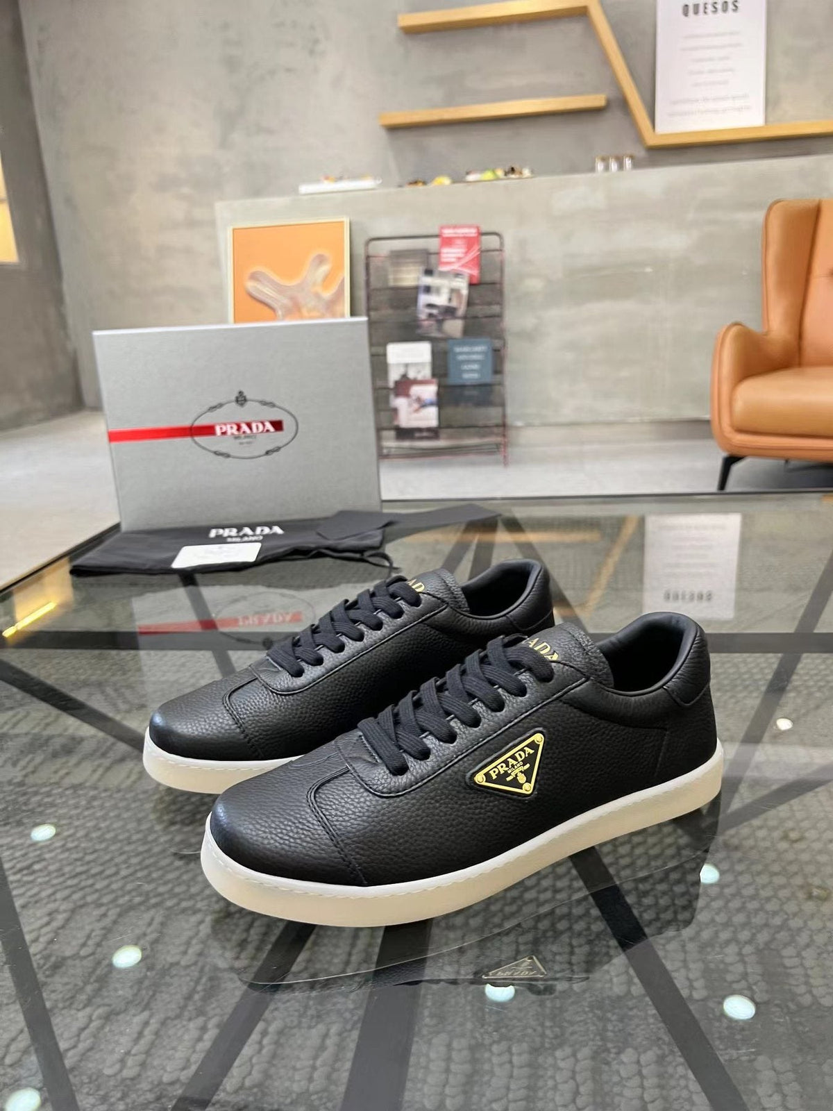 Prada Men's Gold Accent Low-Top Sneakers