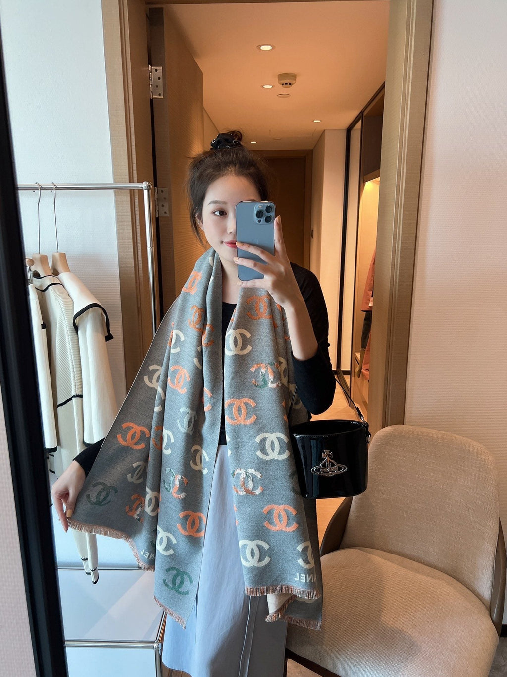 Chanel Patterned Fringed Scarf