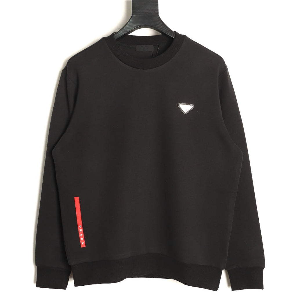 Prada Black Triangle-Detail Crewneck Sweatshirt with Red Silicone Trim